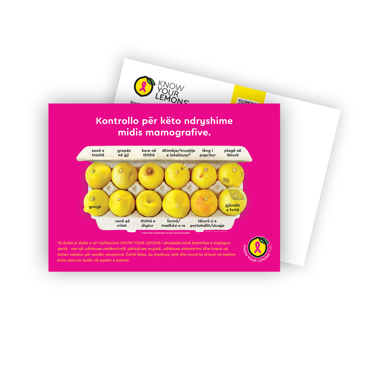 Cobranded Partner Mammogram 12 Signs of Breast Cancer Awareness Postcard Packs (customizable for partners, multiple languages) - Know Your Lemons Breast Cancer Awareness Shop