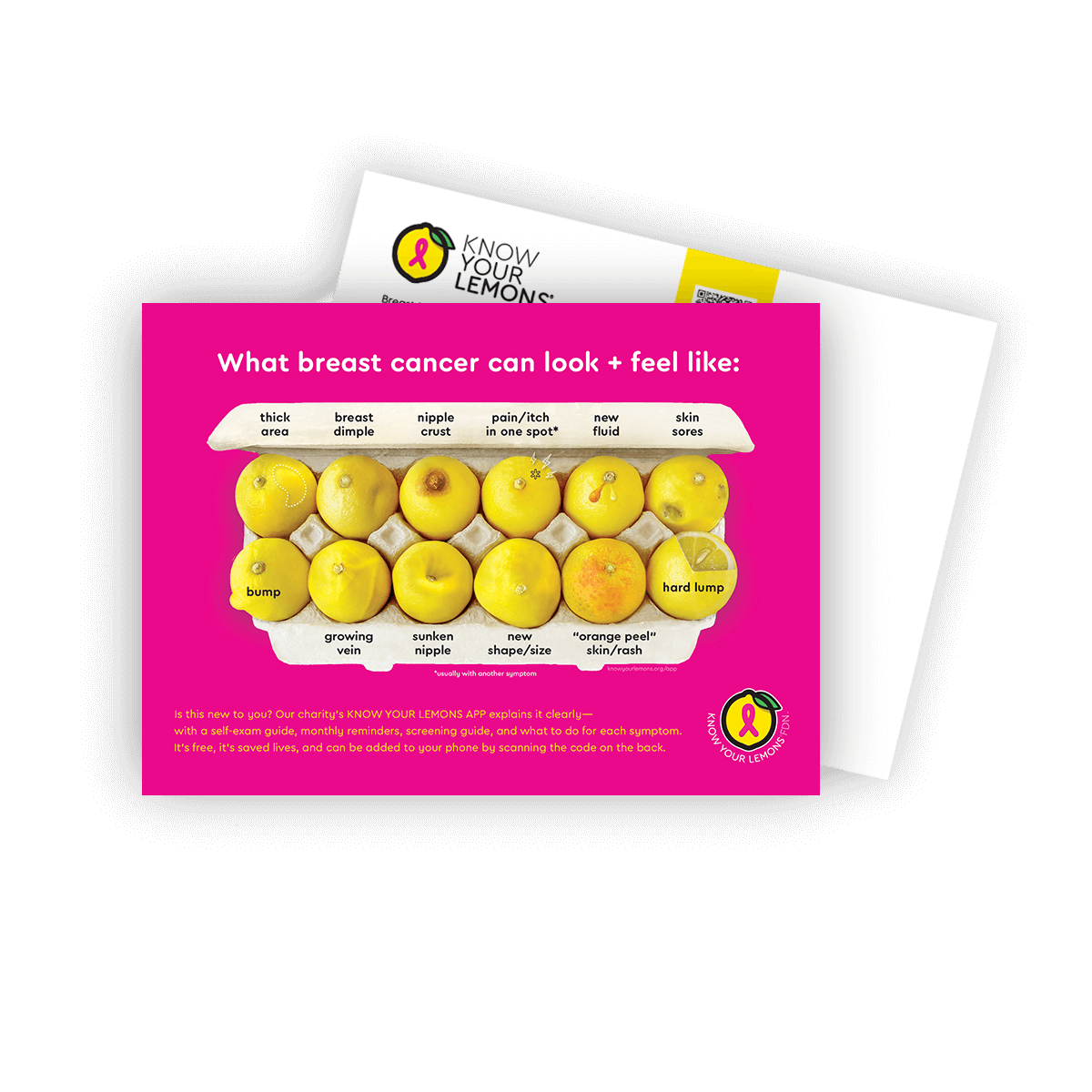 Look + Feel 12 Signs of Breast Cancer Awareness Postcard Packs (multiple languages) - Know Your Lemons Breast Cancer Awareness Shop