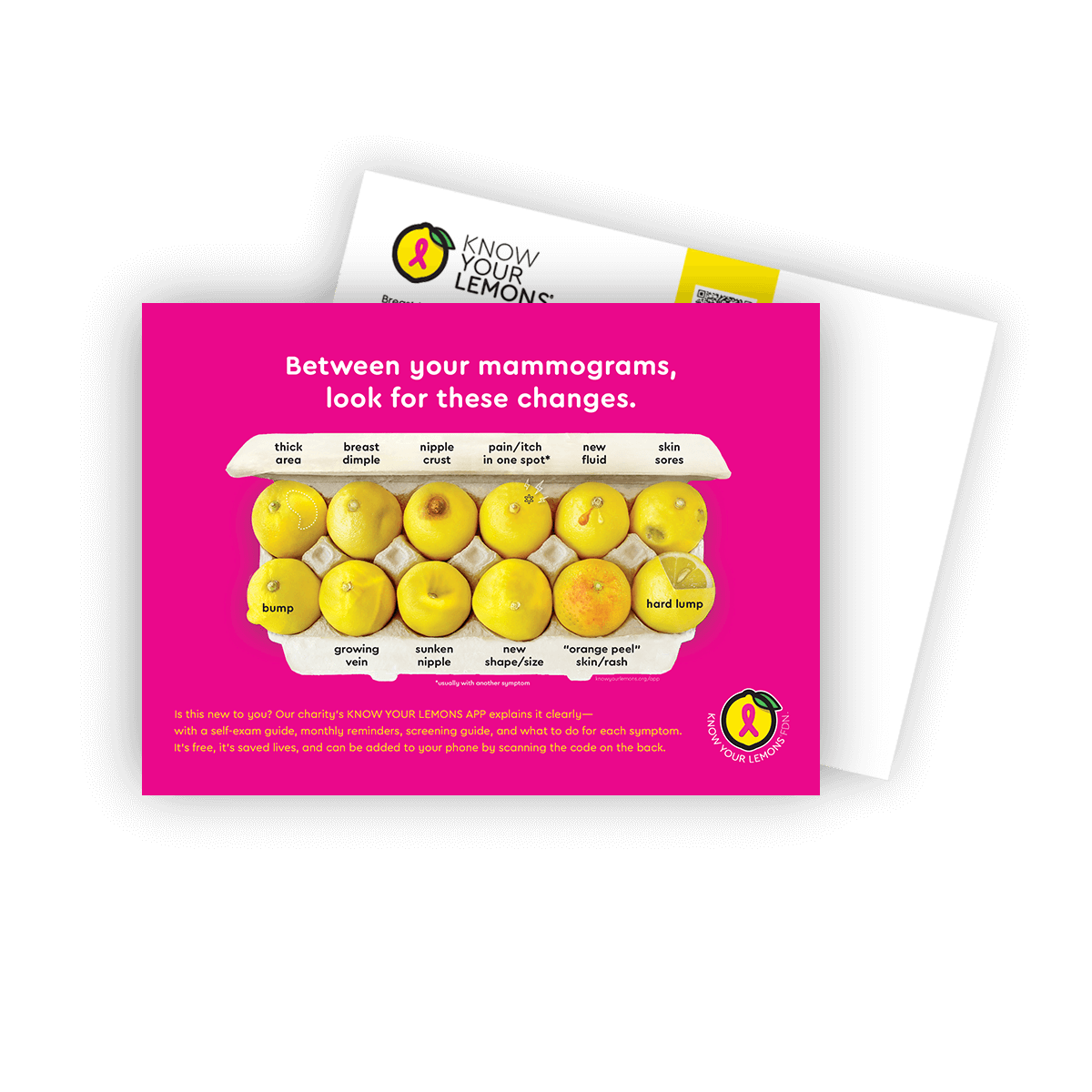 Mammogram 12 Signs of Breast Cancer Awareness Postcard Packs (multiple languages) - Know Your Lemons Breast Cancer Awareness Shop