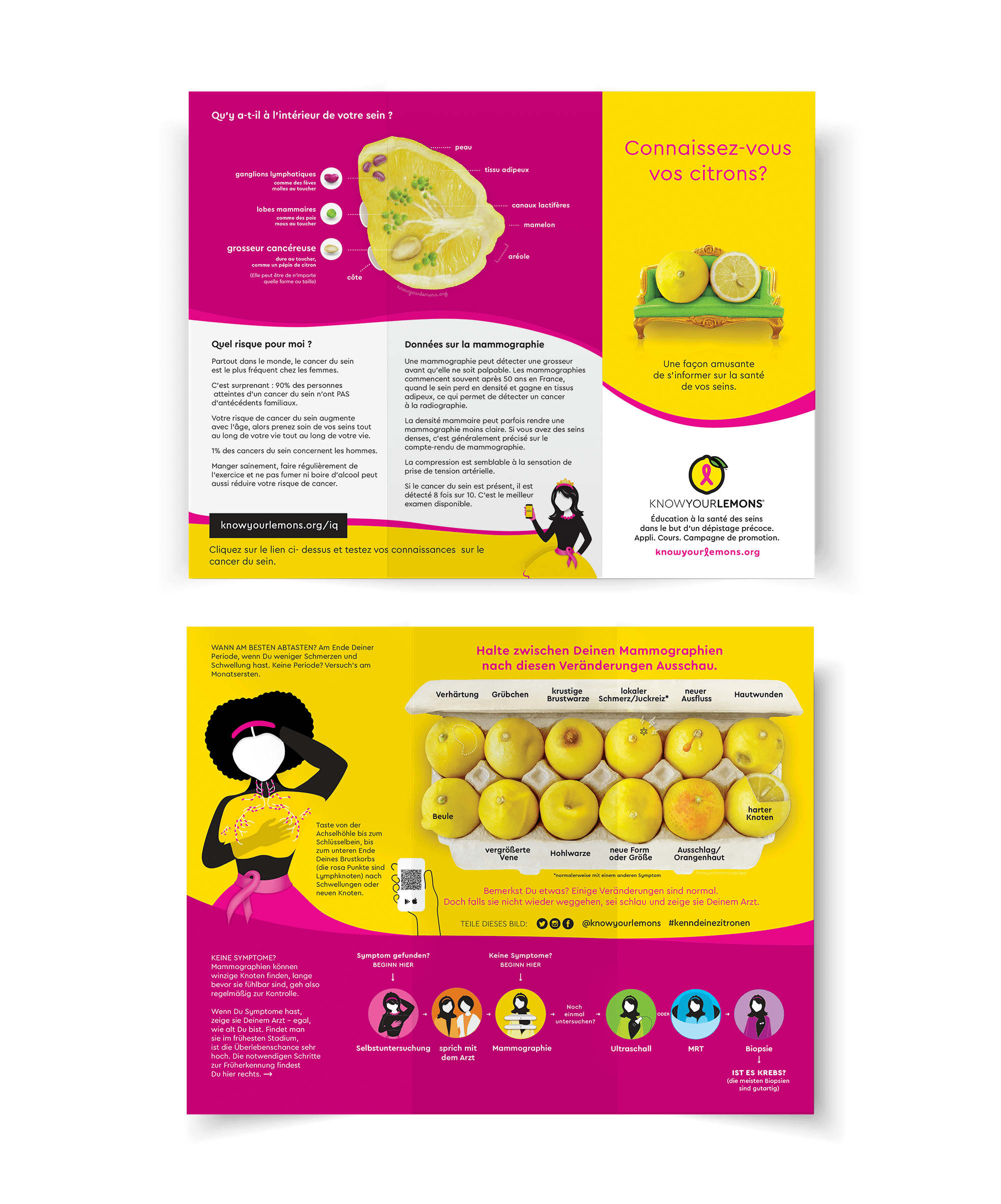 Know Your Lemons Breast Cancer Awareness Trifold Brochure Leaflet (customizable, multiple languages) - Know Your Lemons Breast Cancer Awareness