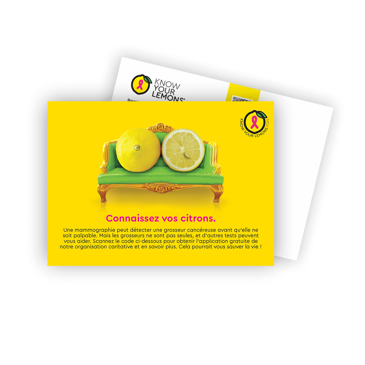 Know Your Lemons Mammogram Postcard Packs (customizable, multiple languages) - Know Your Lemons Breast Cancer Awareness