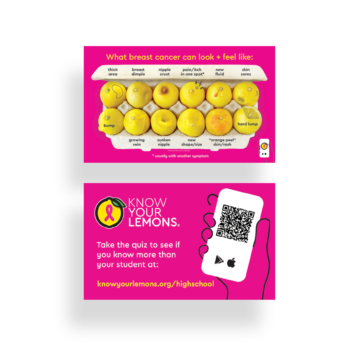 School Program | 12 Sign: Know Your Lemons Breast Cancer Awareness Cards (USA Parents)