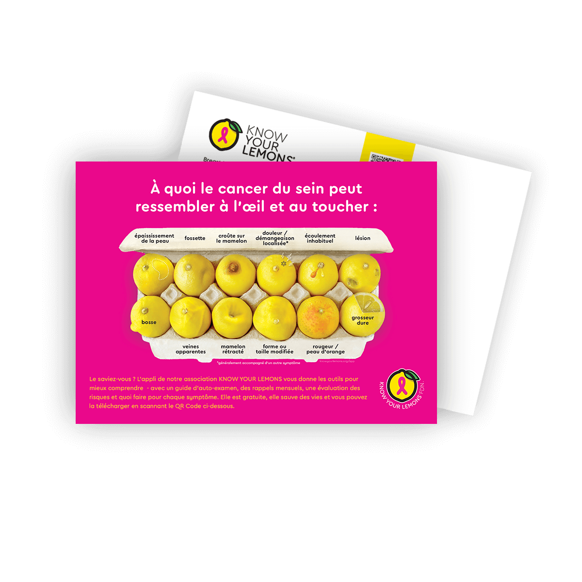12 Signs of Breast Cancer Awareness Postcard Packs (customizable, multiple languages) - Know Your Lemons Breast Cancer Awareness