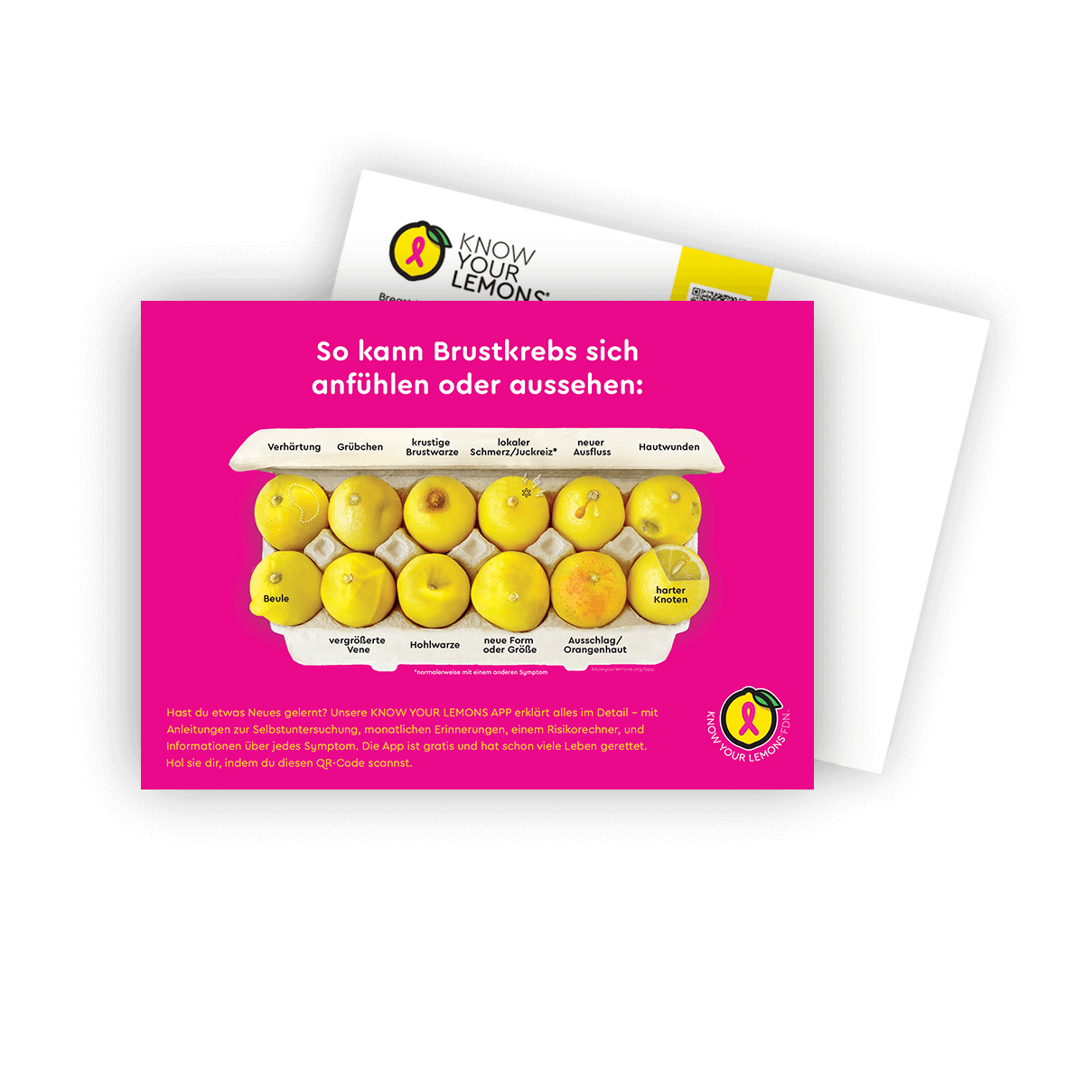 Look + Feel 12 Signs of Breast Cancer Awareness Postcard Packs (multiple languages) - Know Your Lemons Breast Cancer Awareness Shop