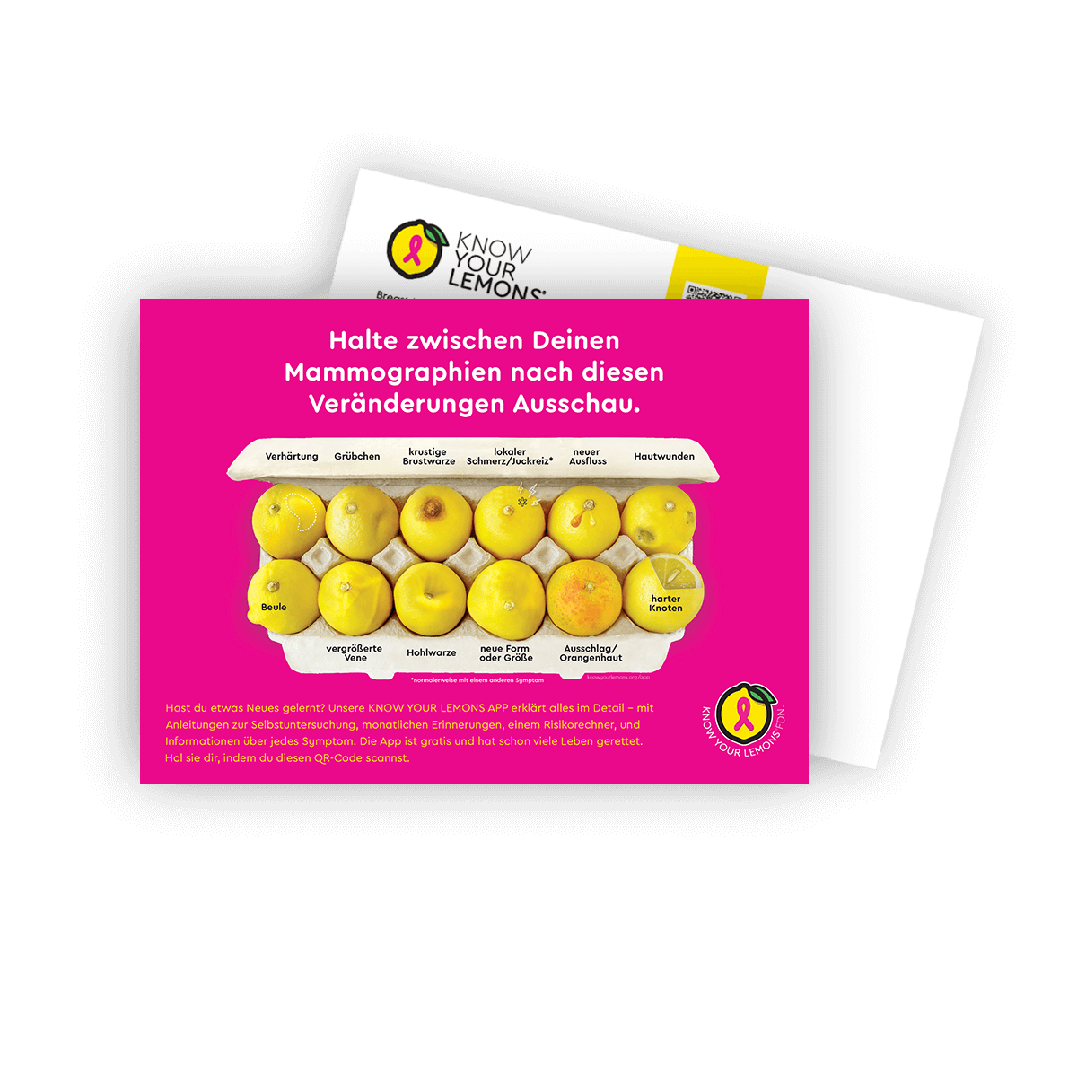 Mammogram 12 Signs of Breast Cancer Awareness Postcard Packs (multiple languages) - Know Your Lemons Breast Cancer Awareness Shop