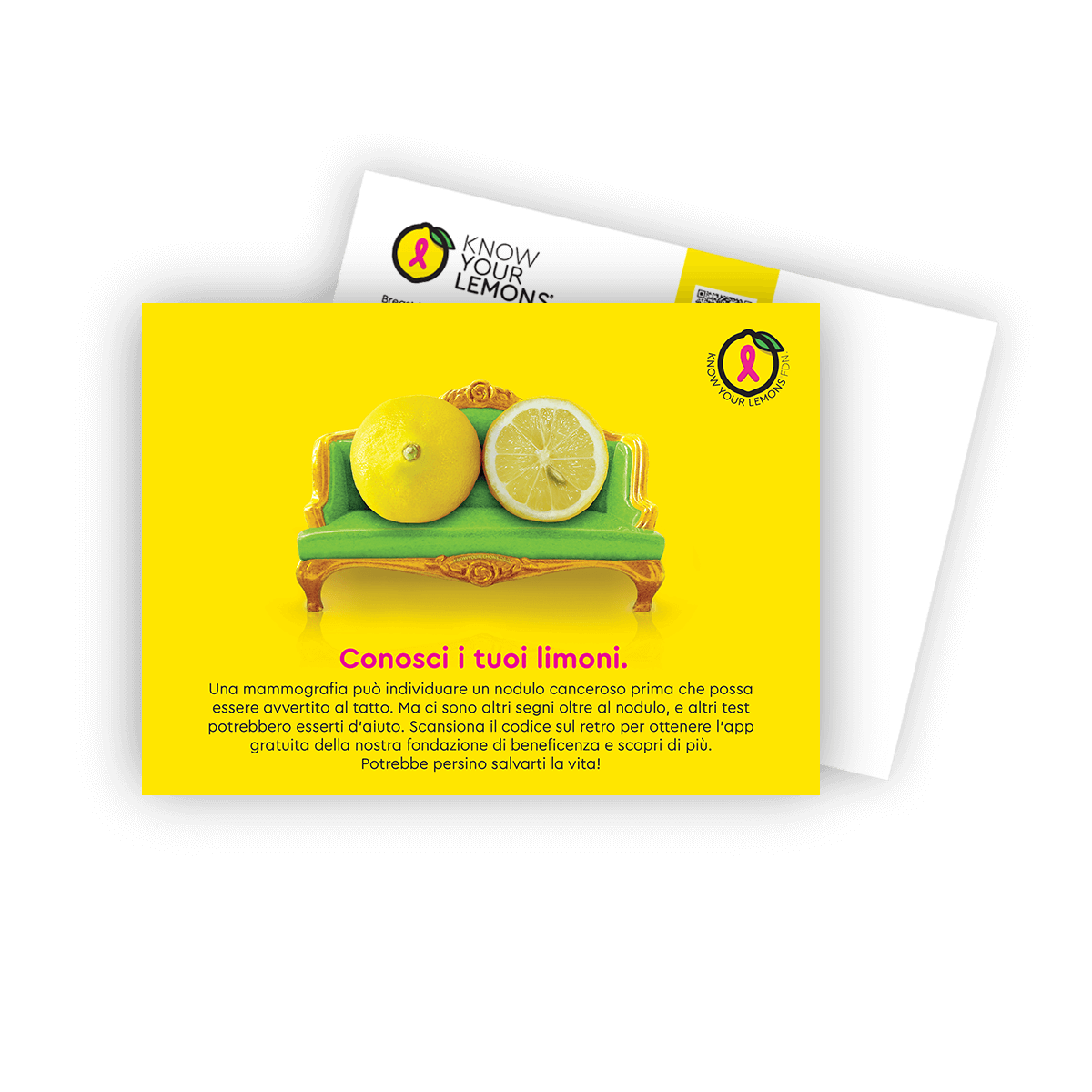 Know Your Lemons Mammogram Postcard Packs (customizable, multiple languages) - Know Your Lemons Breast Cancer Awareness