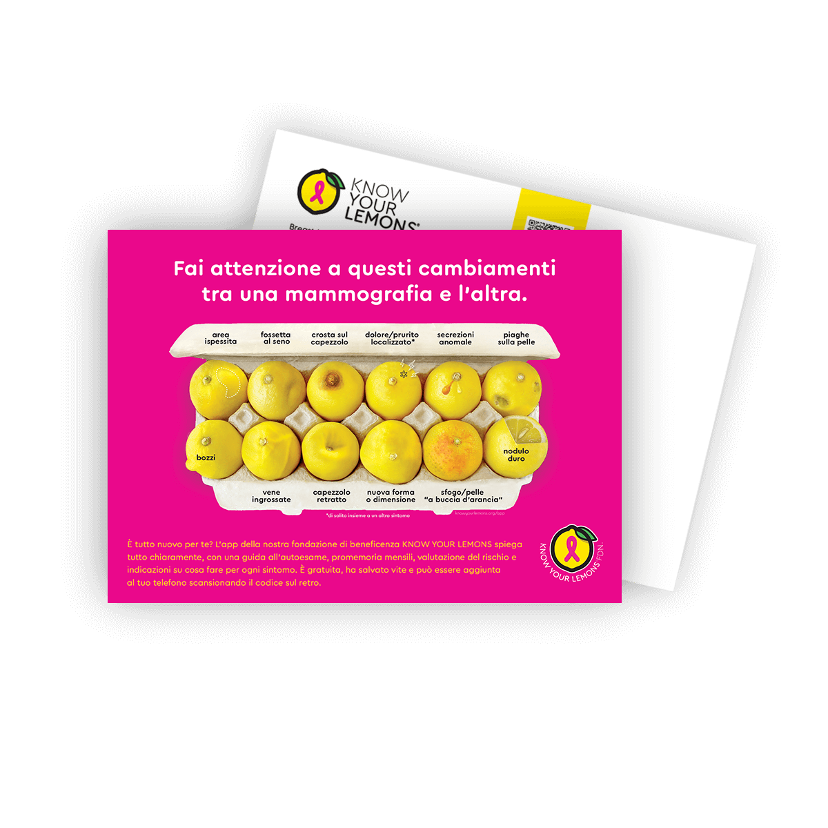 Mammogram Version of 12 Signs of Breast Cancer Awareness Postcard Packs (customizable, multiple languages) - Know Your Lemons Breast Cancer Awareness