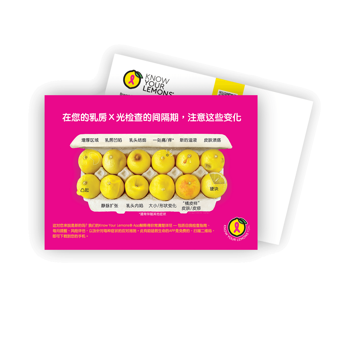 Cobranded Partner Mammogram 12 Signs of Breast Cancer Awareness Postcard Packs (customizable for partners, multiple languages) - Know Your Lemons Breast Cancer Awareness Shop