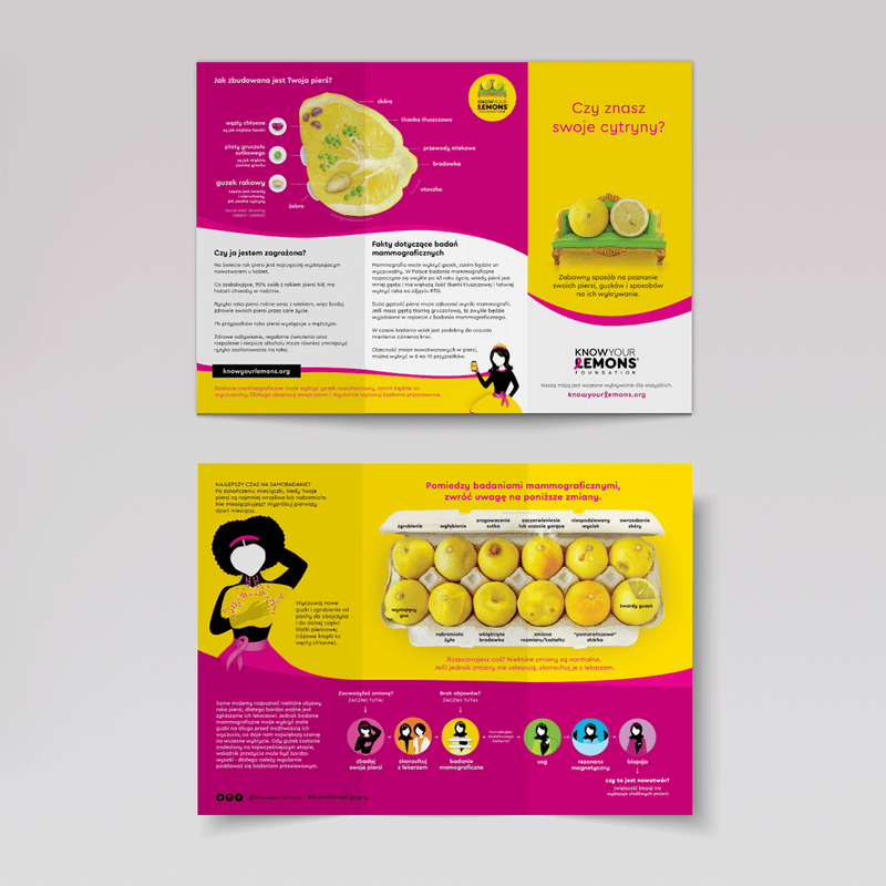 Know Your Lemons Breast Cancer Awareness Trifold Brochure Leaflet (customizable, multiple languages) - Know Your Lemons Breast Cancer Awareness